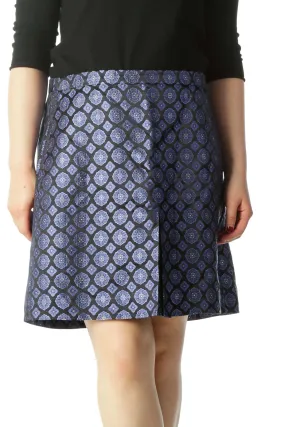 Blue and Black Patterned Silk Mini Skirt