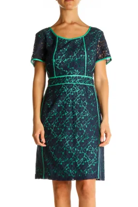 Blue Lace Print Day Sheath Dress