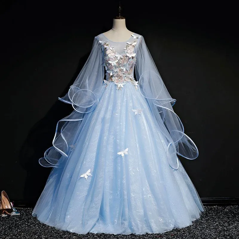 Blue Long Sleeves Ball Gown with Butterfly Sweet 16 Birthday Party Dress 206