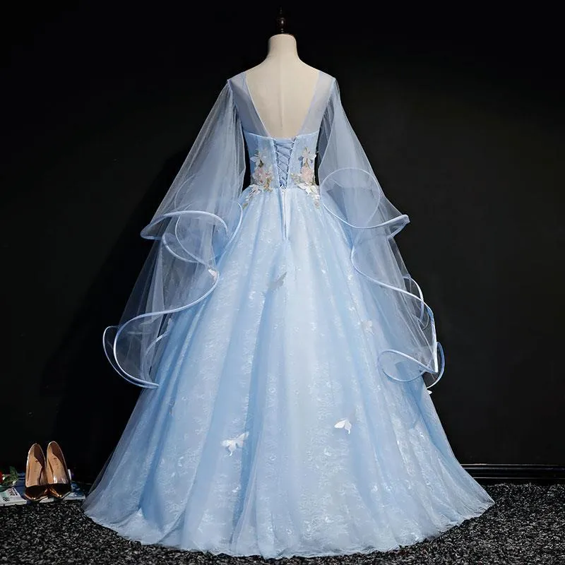 Blue Long Sleeves Ball Gown with Butterfly Sweet 16 Birthday Party Dress 206