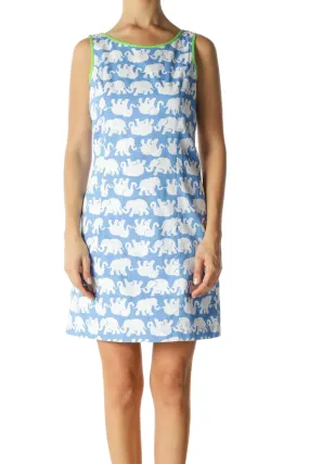 Blue White Green Elephant Textured Print Day Dress