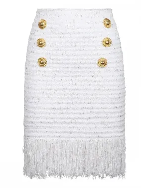 Buttoned Fringed Tweed Mini Skirt