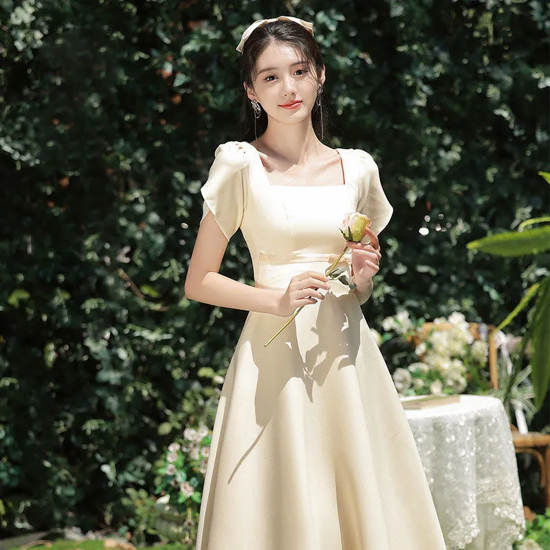 Champagne Satin Bridesmaid Dress Simple Long Evening Dress Formal Party Gown 530