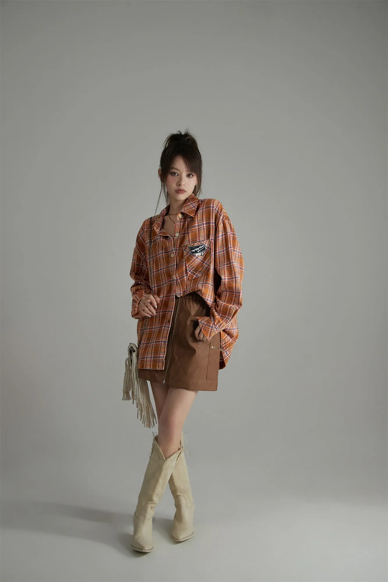 Check Print Loose Fit Button-Up Shirt