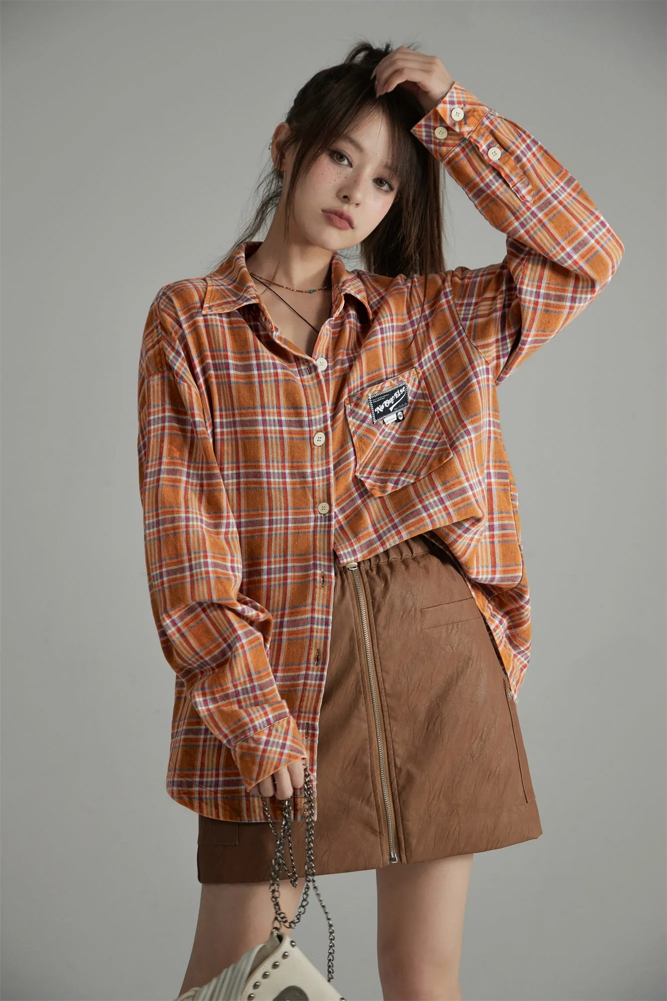 Check Print Loose Fit Button-Up Shirt