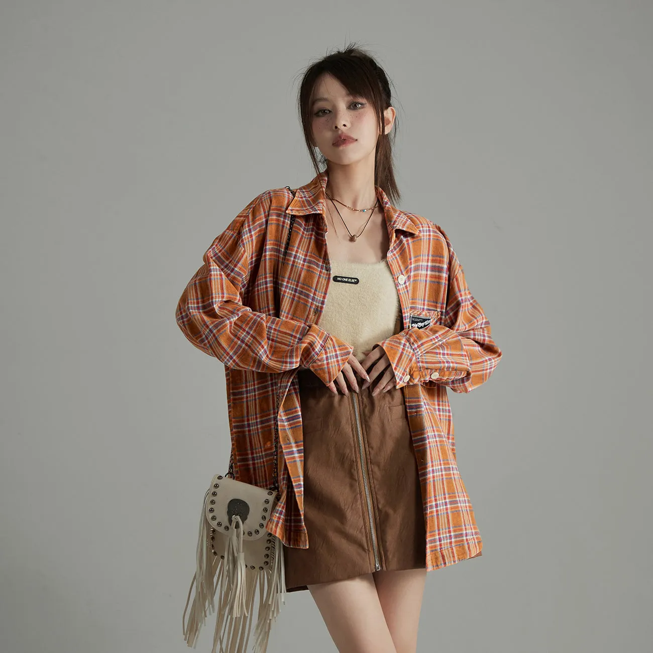 Check Print Loose Fit Button-Up Shirt