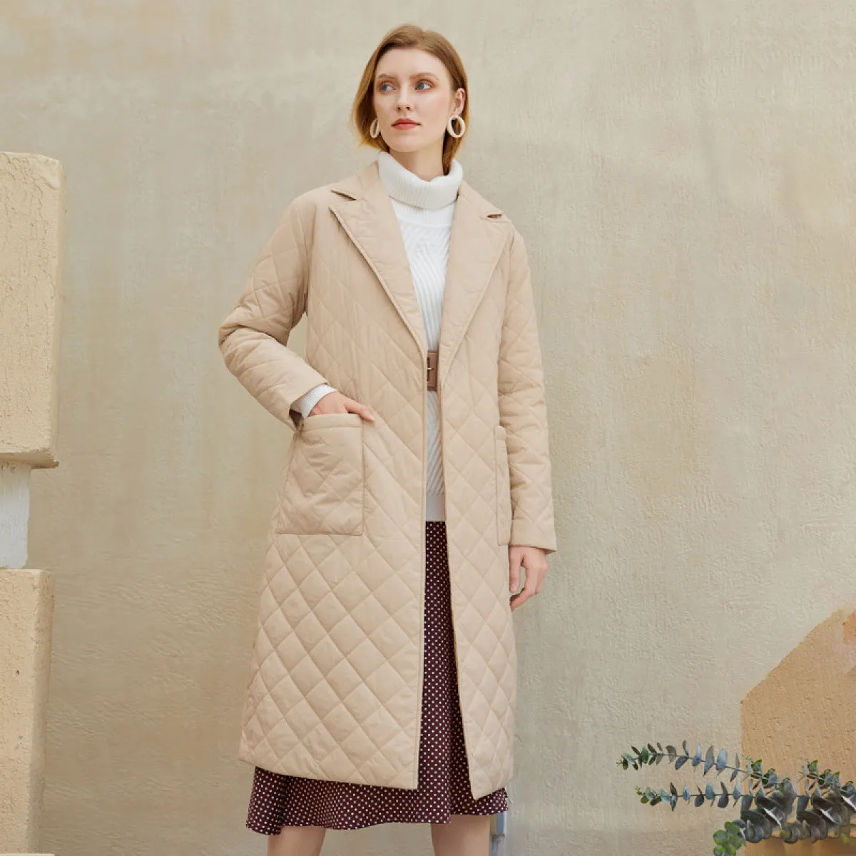 Collared Neck Long Sleeve Coat With Pockets Belt