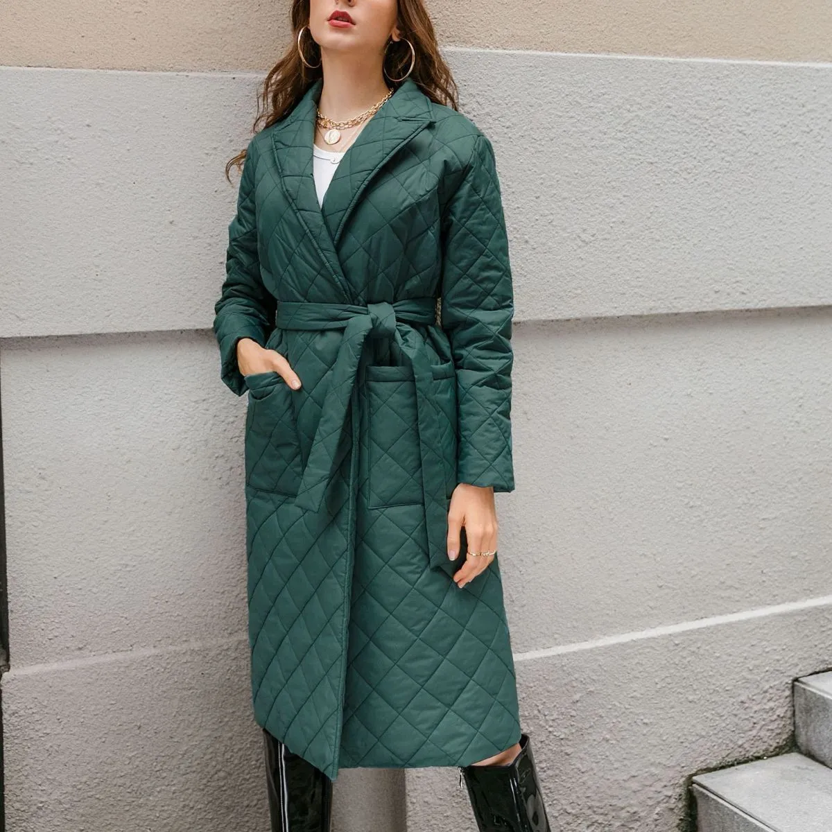 Collared Neck Long Sleeve Coat With Pockets Belt