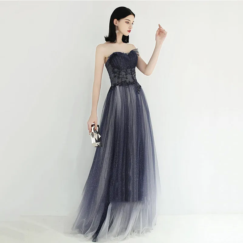 Dark Blue Strapless A Line Prom Dress Sparkly Beaded Evening Formal Gown 636