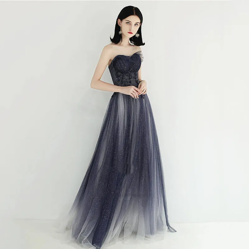 Dark Blue Strapless A Line Prom Dress Sparkly Beaded Evening Formal Gown 636