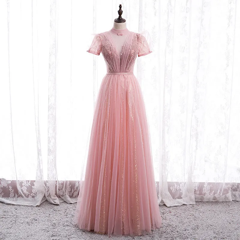 Deep V Neck Tulle Prom Dress A Line Long Formal Evening Gown 608