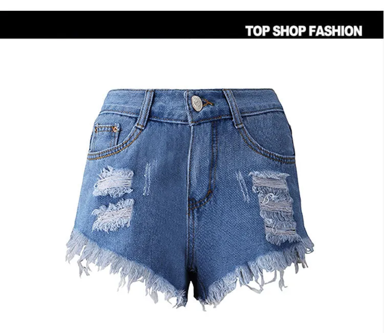 Denim Pure Color High Waist Rough Edge Slim Shorts