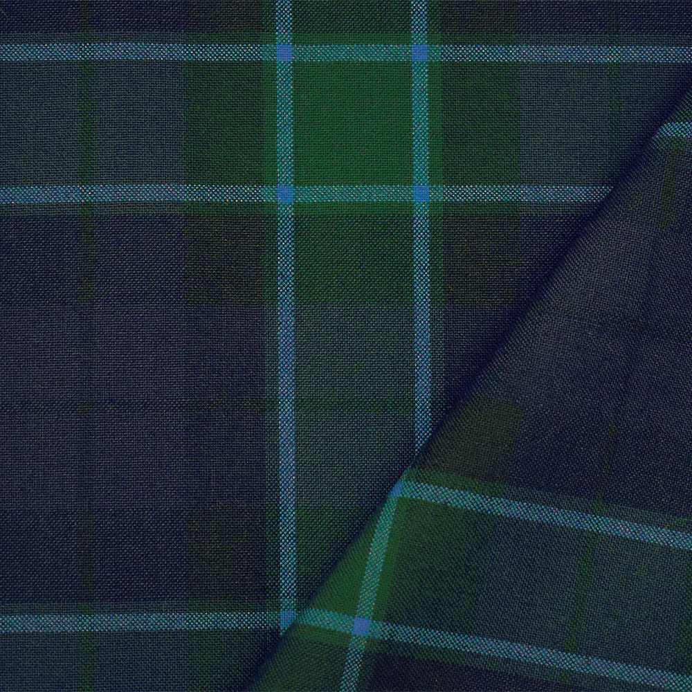 Green-Blue-Black Polyester Wool Plaid Twill Suiting Woven Fabric