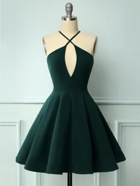 Halter Neck Short Dark Green Prom Dresses, Short Dark Green Formal Graduation Homecoming Dresses