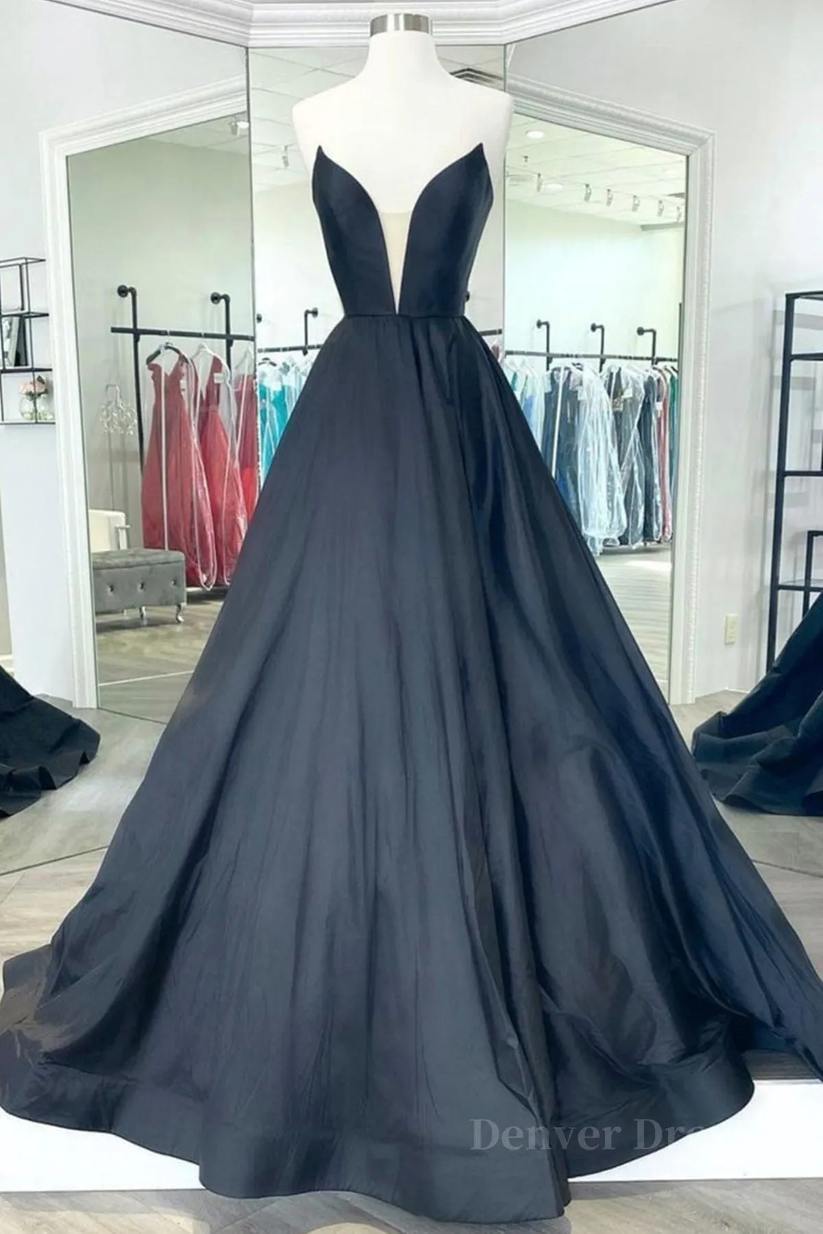 kamahe V Neck Strapless Black Satin Long Prom Dresses, Strapless Black Formal Dresses, Long Black Evening Dresses