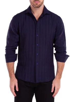 Linen Crinkle Texture Solid Navy Button Up Long Sleeve Dress Shirt