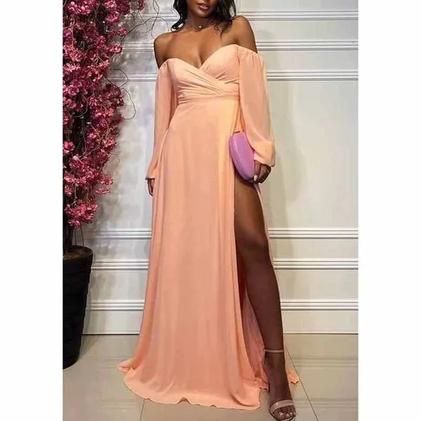 Long Sleeve Bridesmaid Dresses Chiffon Sweetheart Off Shoulder Formal Evening Dresses with Slit