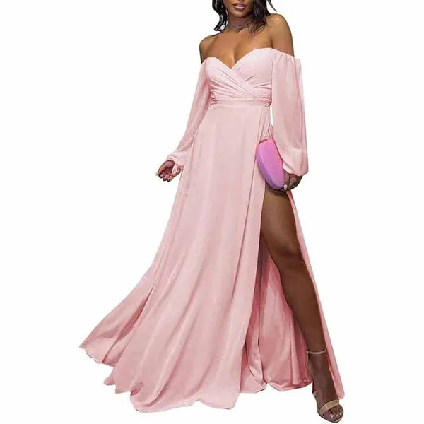 Long Sleeve Bridesmaid Dresses Chiffon Sweetheart Off Shoulder Formal Evening Dresses with Slit