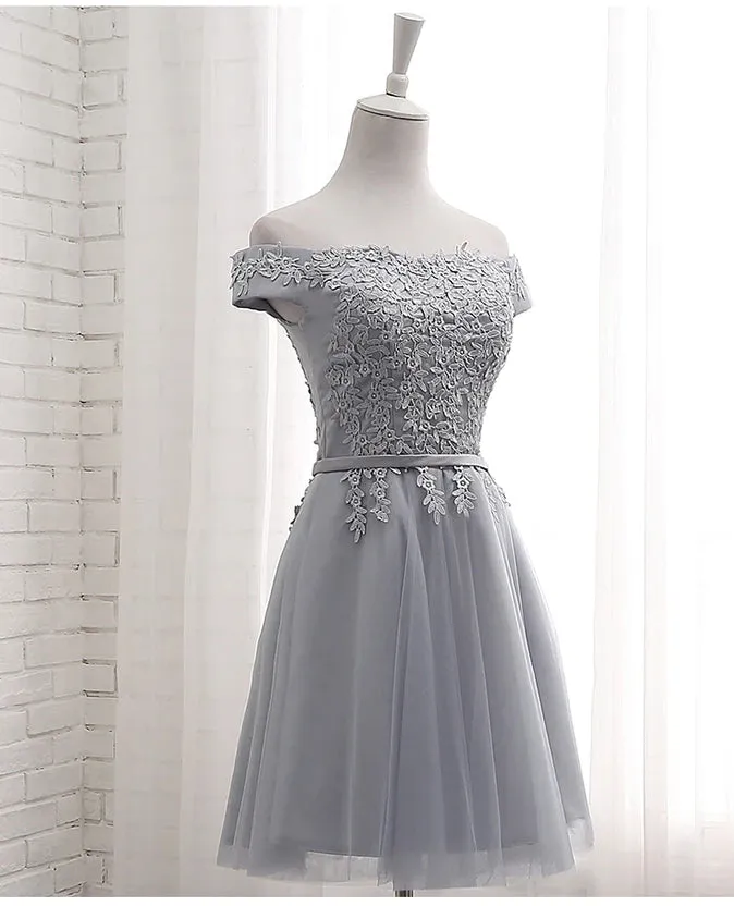 Lovely Grey Short Tulle Party Dress with Lace Applique, Bridesmaid Dresses Cute Formal Dress