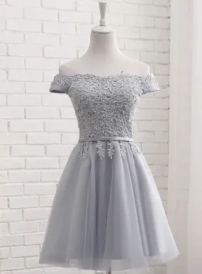 Lovely Grey Short Tulle Party Dress with Lace Applique, Bridesmaid Dresses Cute Formal Dress