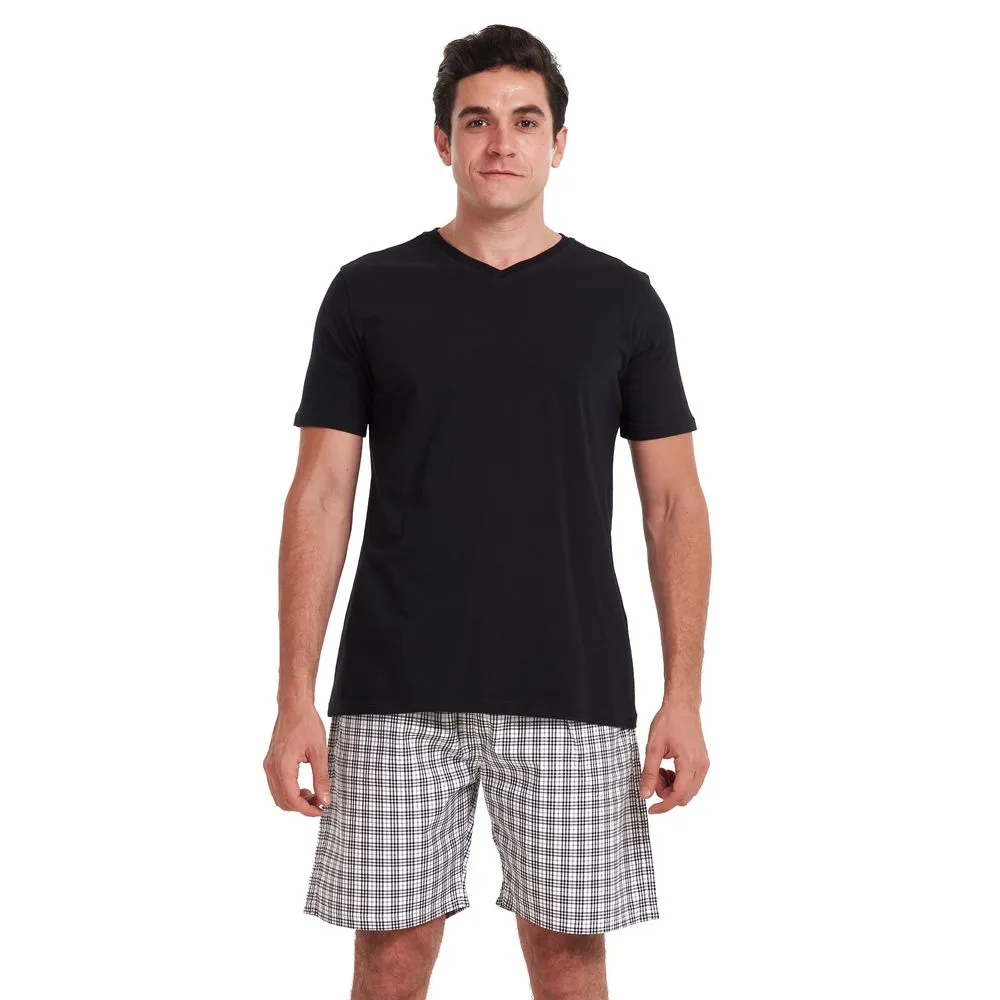 Men summer pajama set Black V neck t-shirt   White x Black checkered shorts