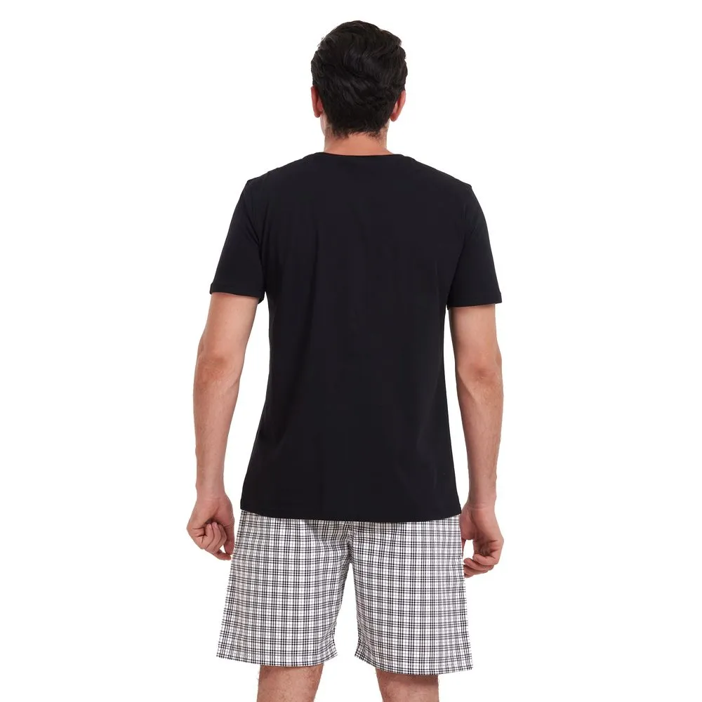 Men summer pajama set Black V neck t-shirt   White x Black checkered shorts