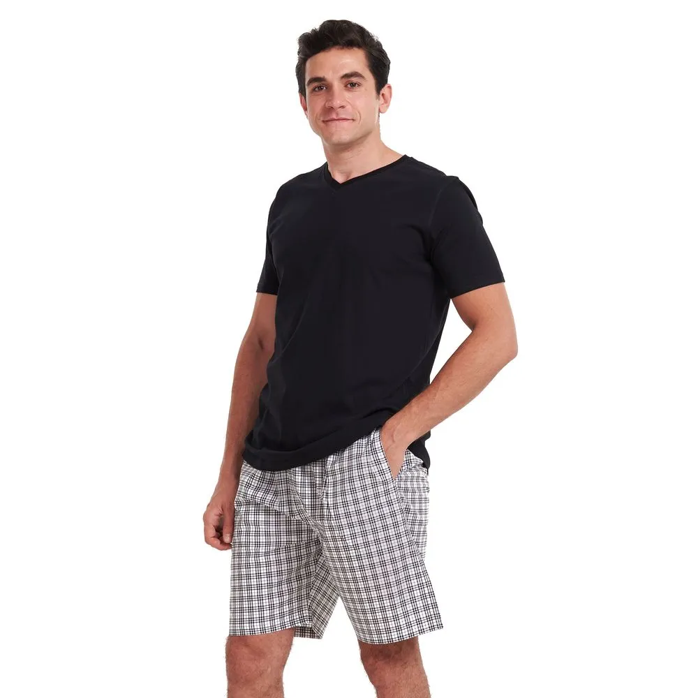 Men summer pajama set Black V neck t-shirt   White x Black checkered shorts