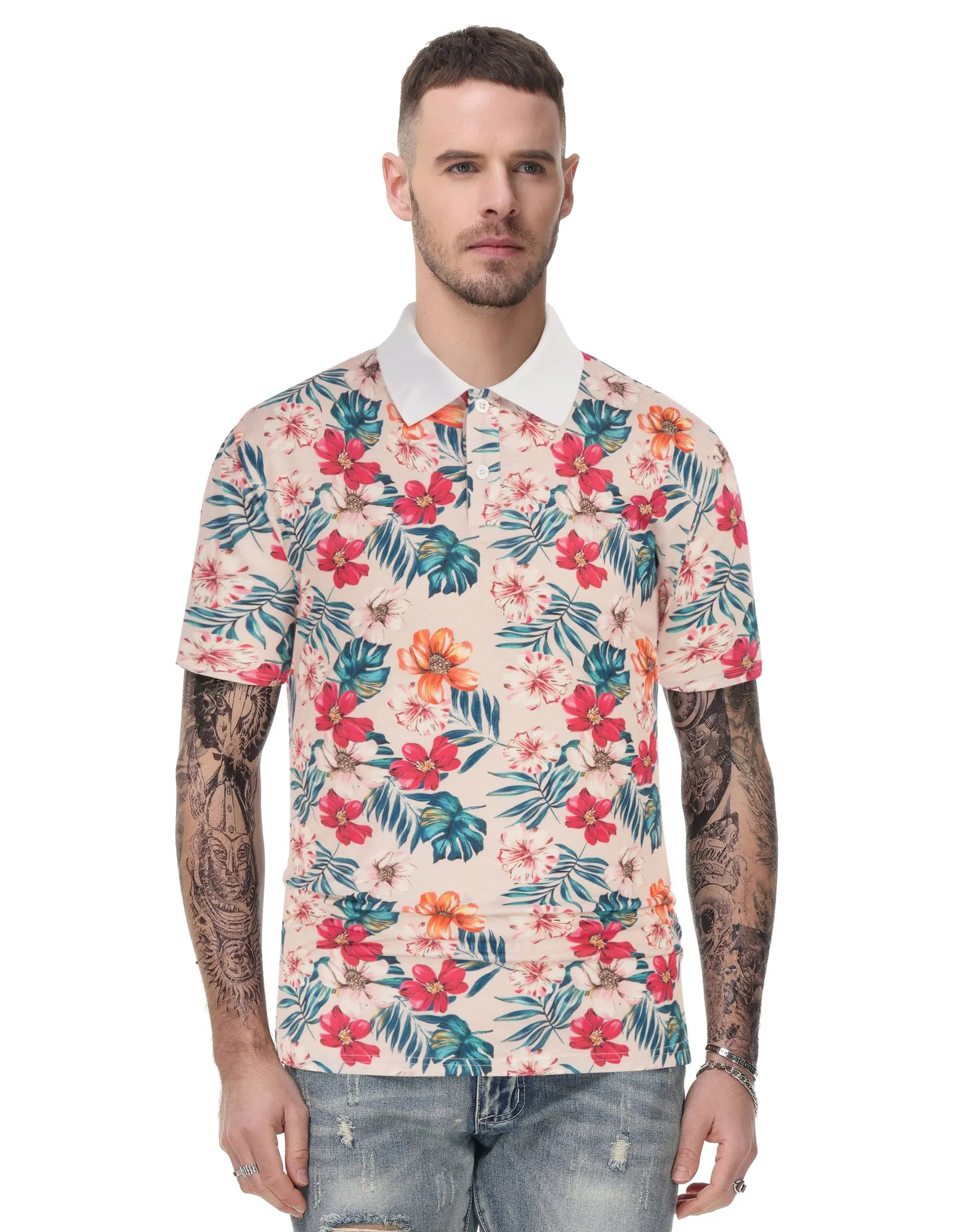 Mens Flower Polo Shirts Vintage Print Casual Tee Pullover Shirts for Summer