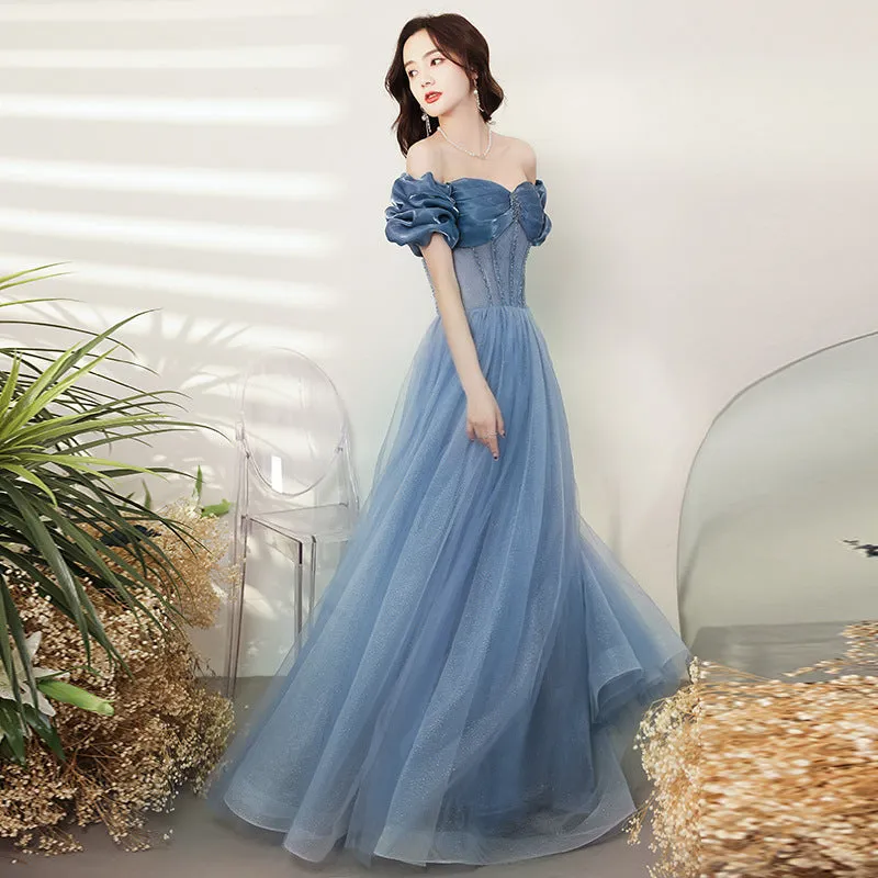 Off Shoulder Blue A Line Prom Dress Tulle Evening Formal Party Dress 663