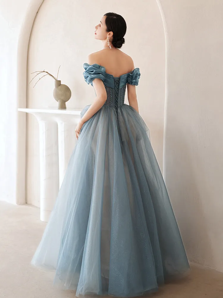 Off Shoulder Blue A Line Prom Dress Tulle Evening Formal Party Dress 663