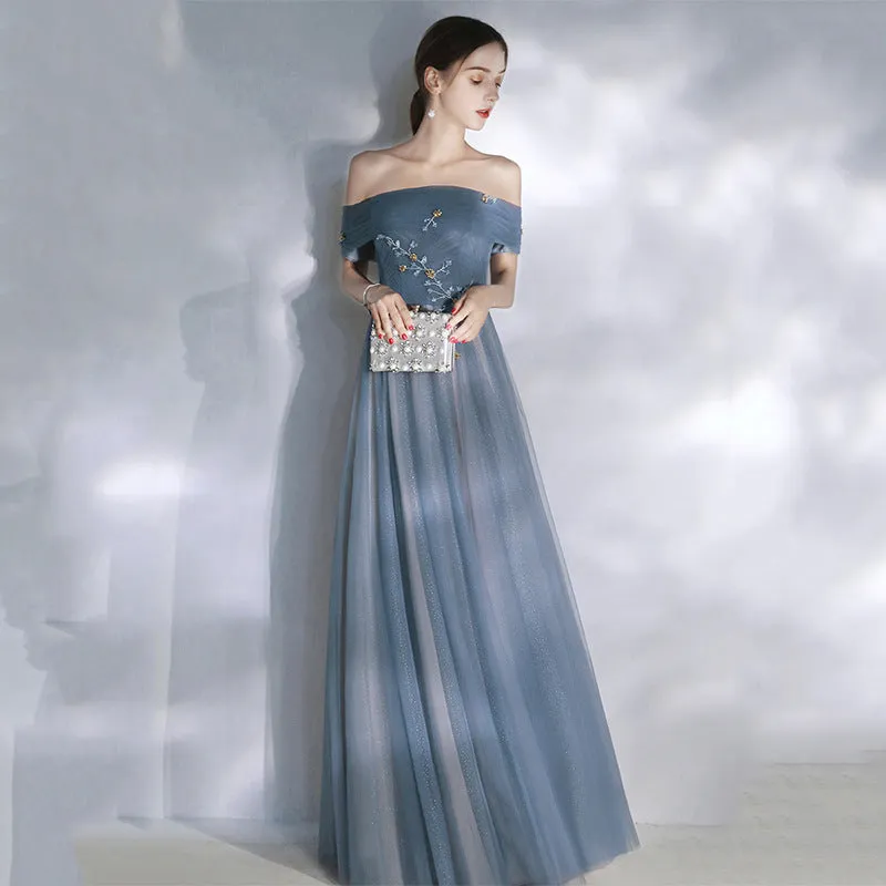 Off Shoulder Blue Tulle Prom Dress A Line Evening Formal Party Gown 719