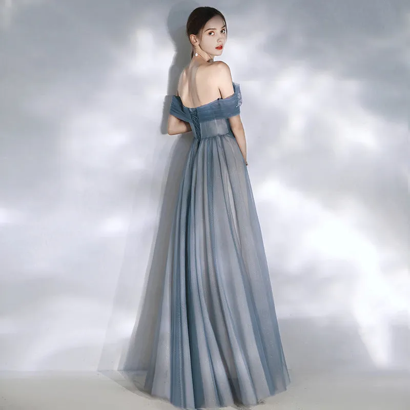 Off Shoulder Blue Tulle Prom Dress A Line Evening Formal Party Gown 719