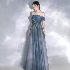 Off Shoulder Blue Tulle Prom Dress A Line Evening Formal Party Gown 719