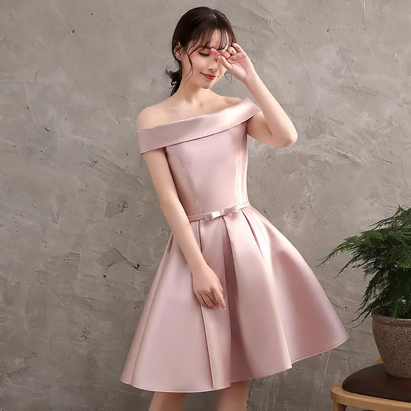 Off Shoulder Pink Homecoming Dress Satin Short Bridesmaid Dress 552