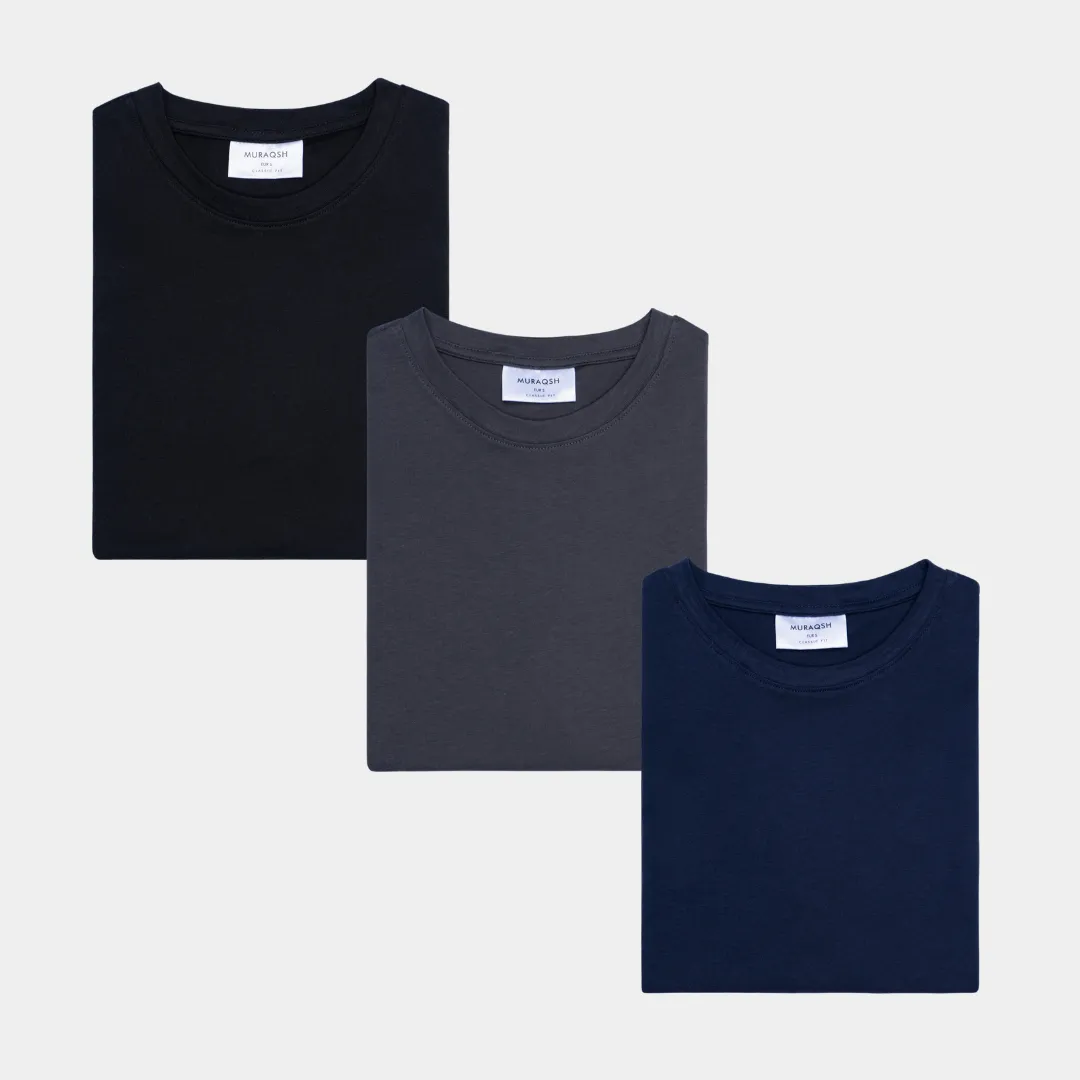 Pack of 3 Basic T-Shirts - Black, Grey & Navy Blue