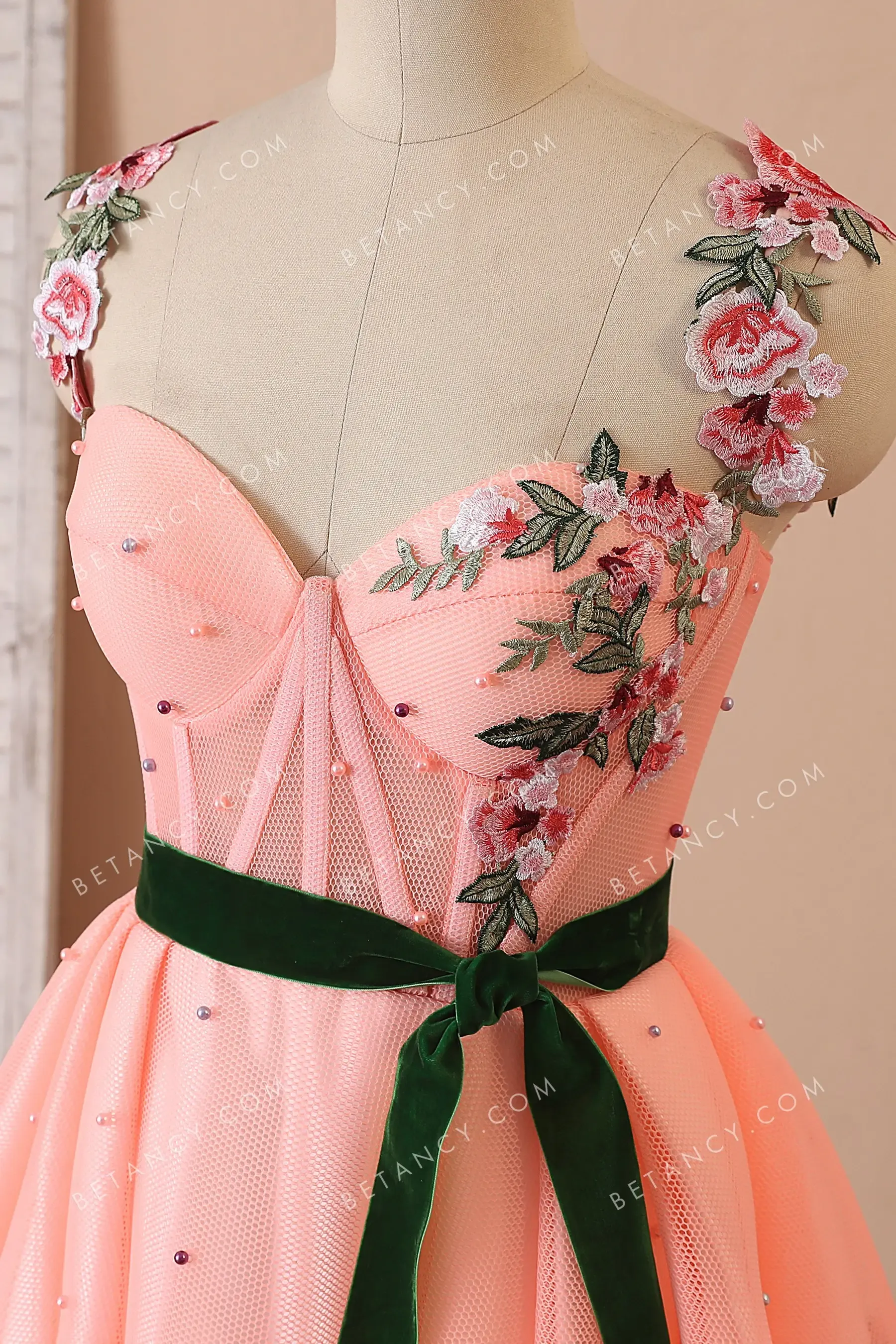 Peach Blossom Corset Pearled Coral Pink Formal Dress