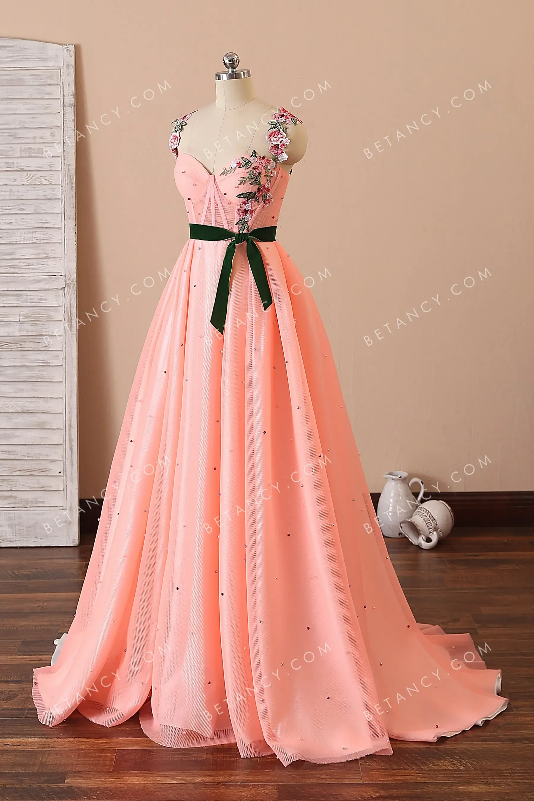 Peach Blossom Corset Pearled Coral Pink Formal Dress