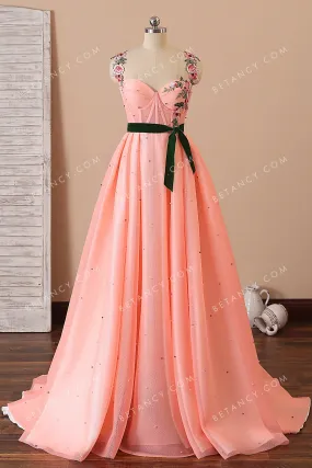 Peach Blossom Corset Pearled Coral Pink Formal Dress