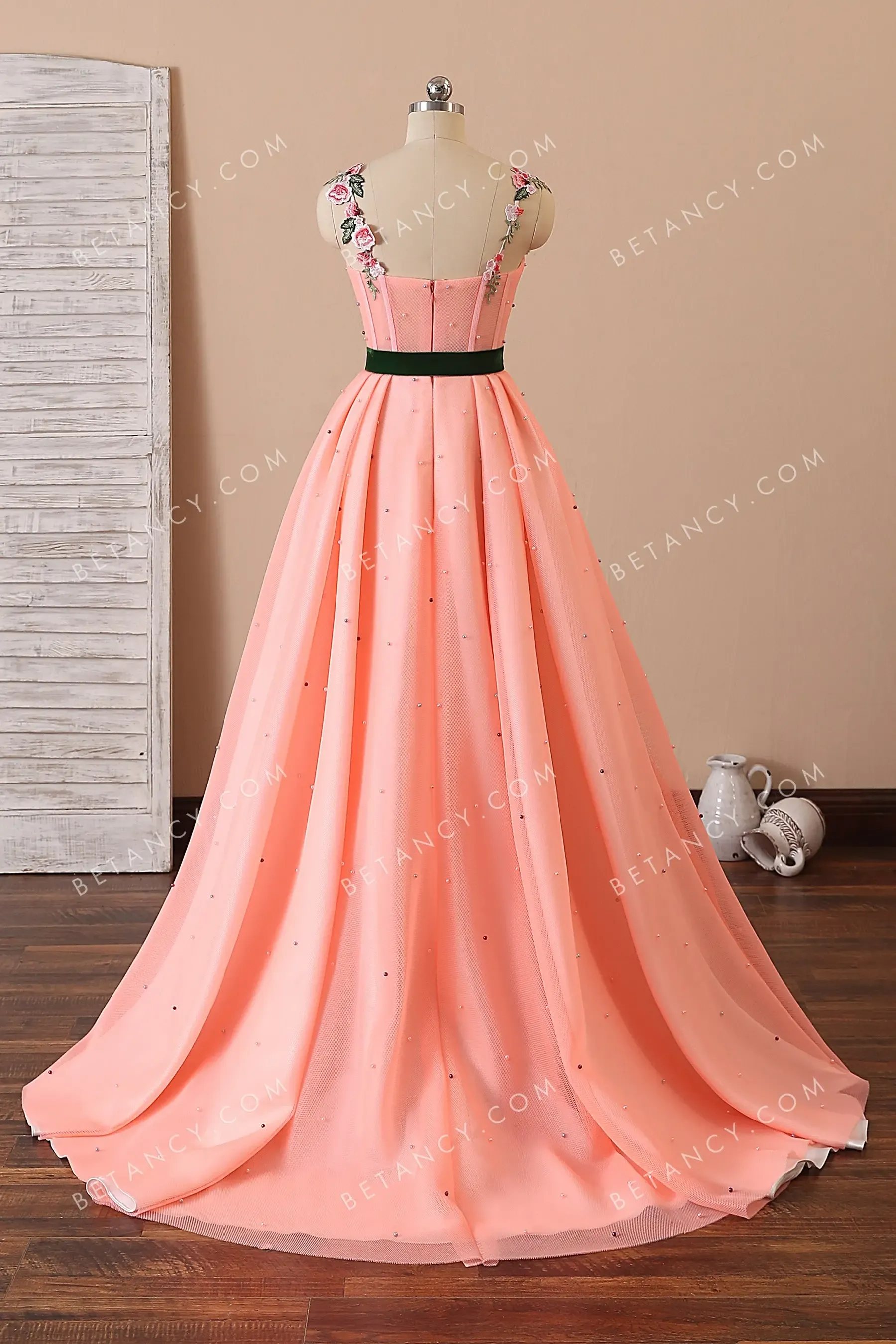 Peach Blossom Corset Pearled Coral Pink Formal Dress