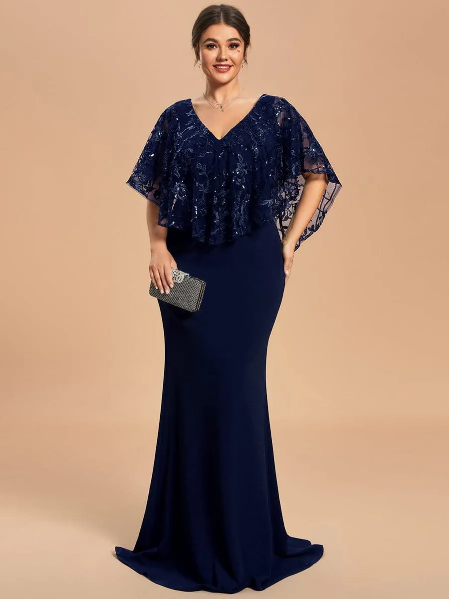 Plus Size Sequin Cape Short Sleeves Mermaid Formal Evening Dresses