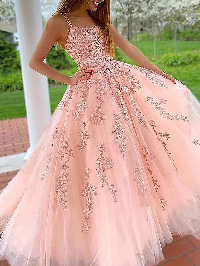 Prom Dresses Floral Dress Formal Chapel Train Sleeveless Spaghetti Strap Tulle with Appliques