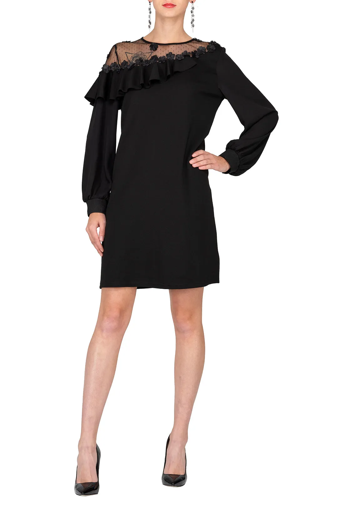 SCANDINAVIA-Long Sleeve Ruffle Accent Patchwork Shift Dress