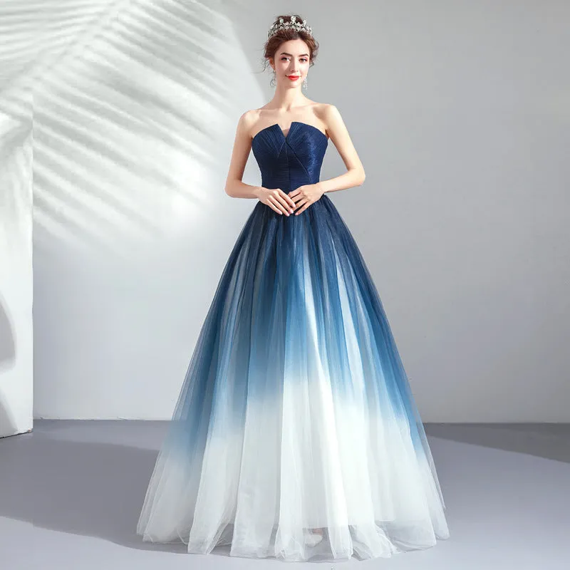 Strapless Blue Gradient Tulle Prom Dress Evening Formal Party Gown 291