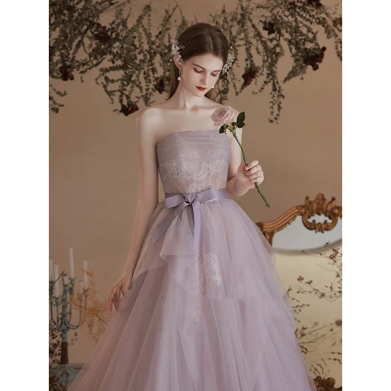 Strapless Purple Tulle Prom Dress A Line Formal Party Gown 677