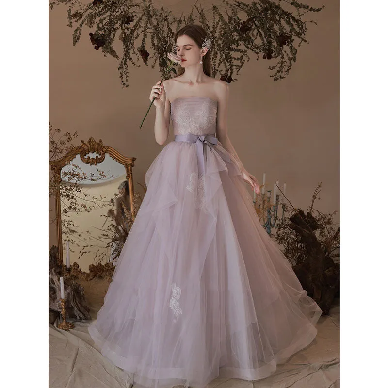 Strapless Purple Tulle Prom Dress A Line Formal Party Gown 677