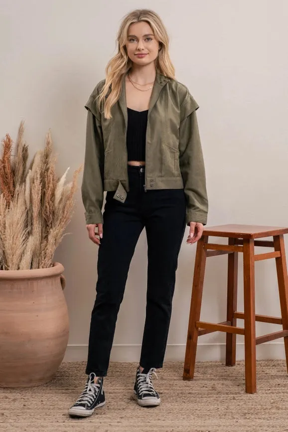 Suede Zip Up Moto Jacket OLIVE