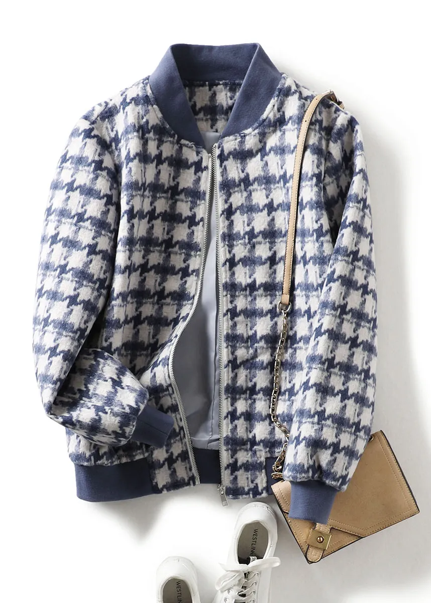 Unique Blue Zip Up Plaid Woolen Jackets Spring