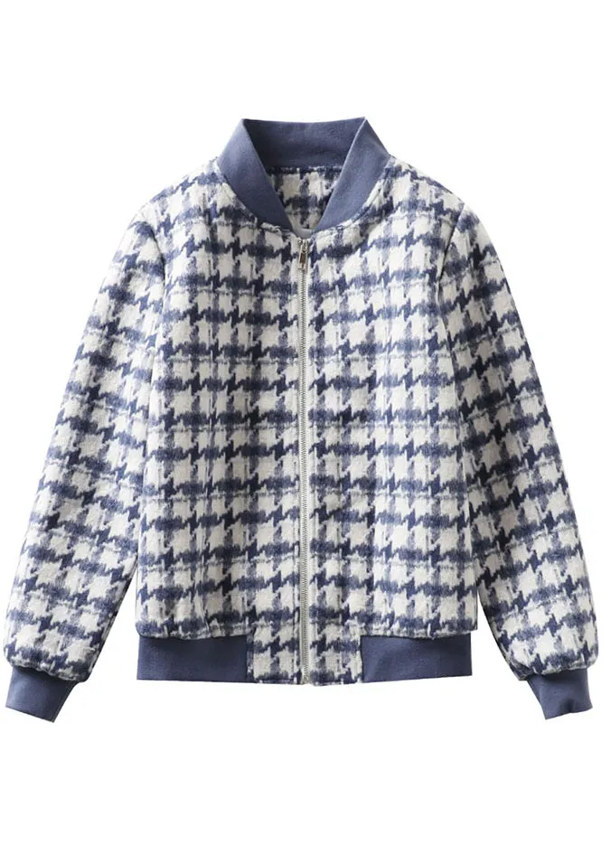 Unique Blue Zip Up Plaid Woolen Jackets Spring