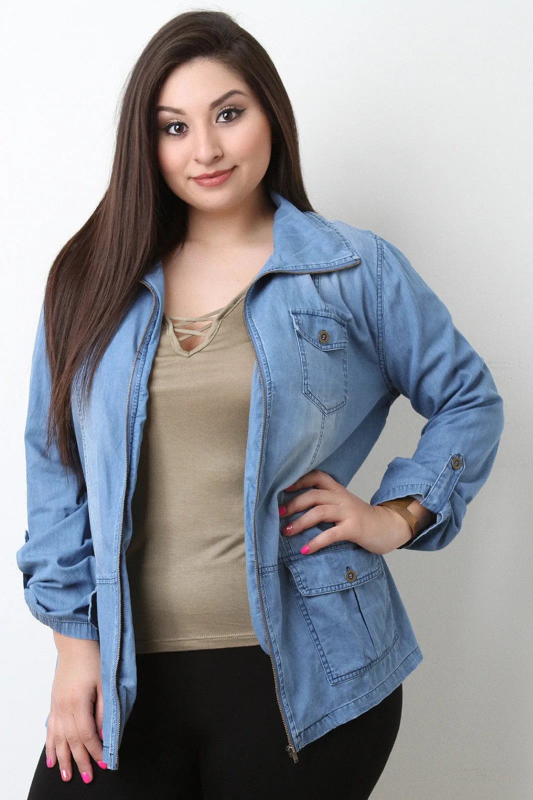 Washed Denim Zippered Front Jacket