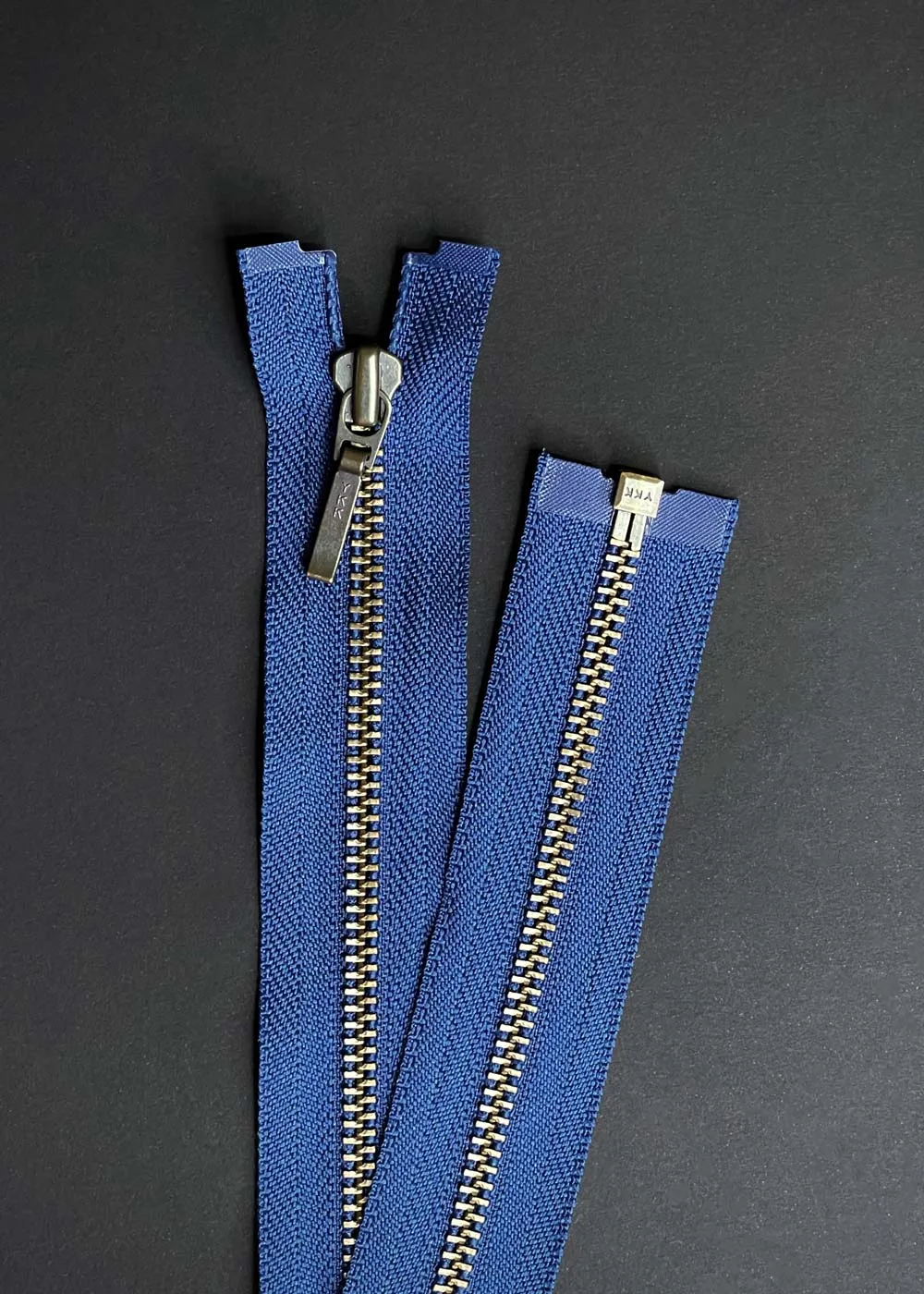 YKK, Open Ended Zip Drop Pull. Antique Brass. Royal Blue. 60cm